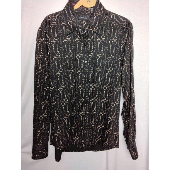 Kenneth Cole Mens L  Black Ang Gold Long Sleeve Button Shirt Large 100% cotton - Picture 1 of 4